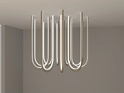 Modern U Shaped Metallic Chandelier With Illuminated Tubes In Minimalist Room 3d model