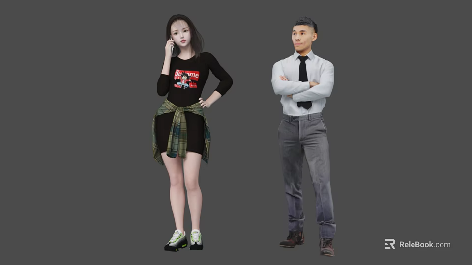 Two People Posing In Black Graphic Top Plaid Skirt White Shirt Gray Pants Crossed Arms 3d model 