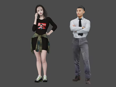 Two People Posing In Black Graphic Top Plaid Skirt White Shirt Gray Pants Crossed Arms 3d model