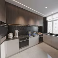 Modern Kitchen Interior Design With Dark Cabinets Light Counter Appliances And Window 3d model