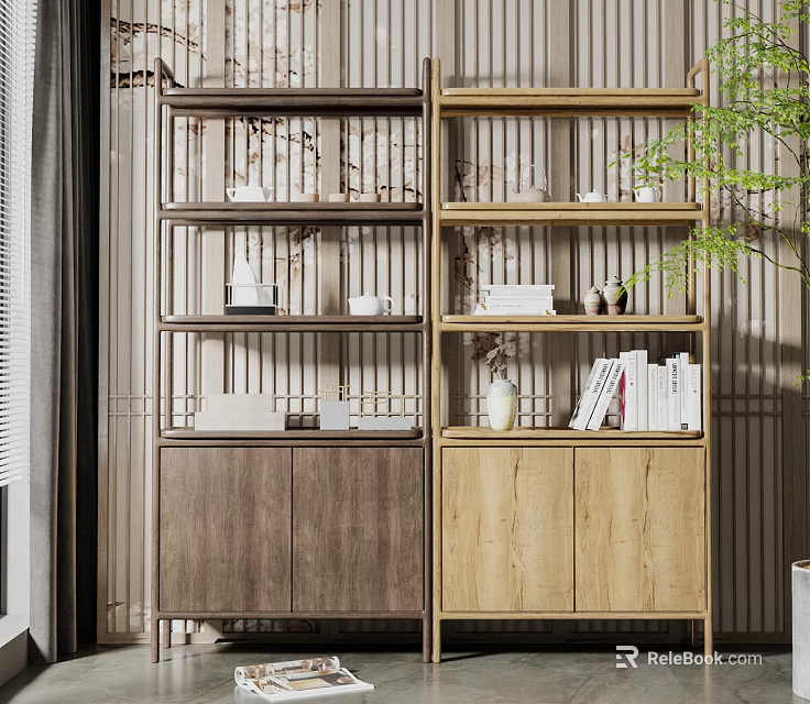 Modern Wooden Storage Shelving Unit With Cabinet Doors Multiple Shelves Books And Decor 3d model 