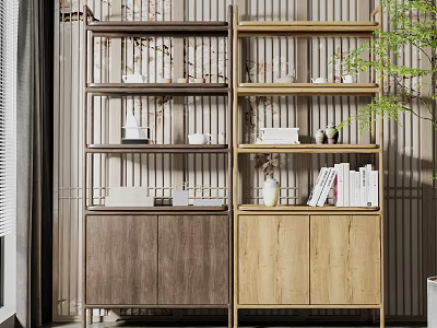 Modern Wooden Storage Shelving Unit With Cabinet Doors Multiple Shelves Books And Decor 3d model