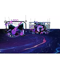 Vibrant Purple Music Themed Photo Spot With Neon Lights Microphone Headphones And Disco Balls