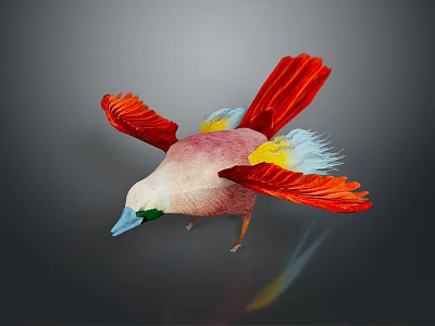 Colorful Bird With Red Wings Pink Body Yellow White Feathers Blue Beak In Gray Background 3d model