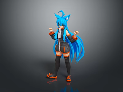 3D Anime Cat Ear Character With Blue Long Hair Black And Orange Outfit Standing Pose 3d model