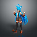 3D Anime Cat Ear Character With Blue Long Hair Black And Orange Outfit Standing Pose