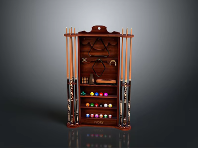 Elegant Wooden Pool Cue Rack With Horseshoes And Billiard Balls Storage 3d model