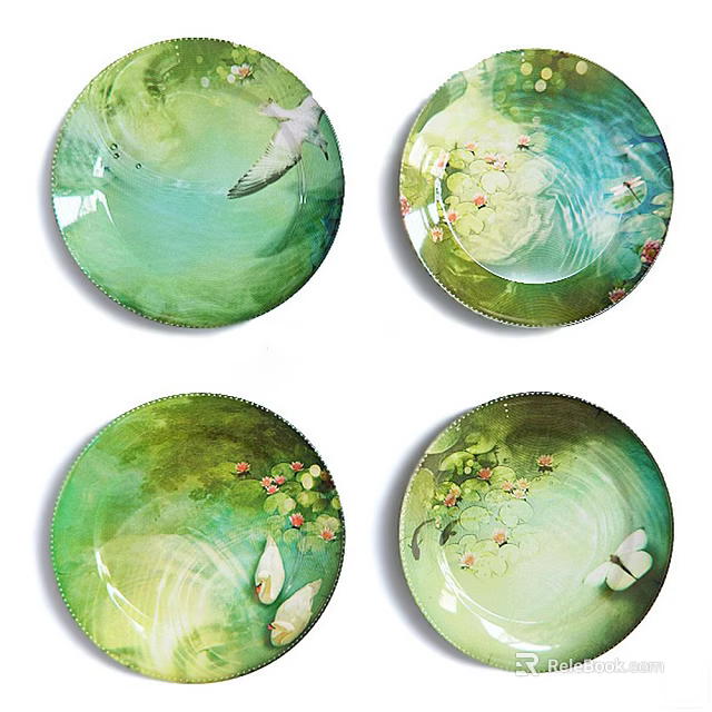 Elegant Decorative Plates with Bird Flowers and Butterfly in Green Design 3d model 