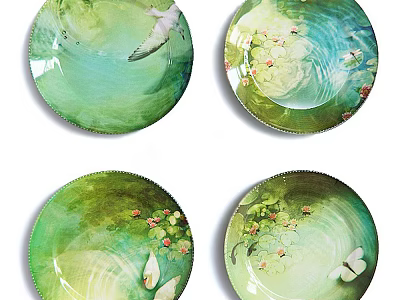 Elegant Decorative Plates with Bird Flowers and Butterfly in Green Design 3d model