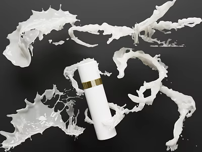 White Beauty Product Bottle With Gold Stripe Surrounded By Splashing Lotion 3d model