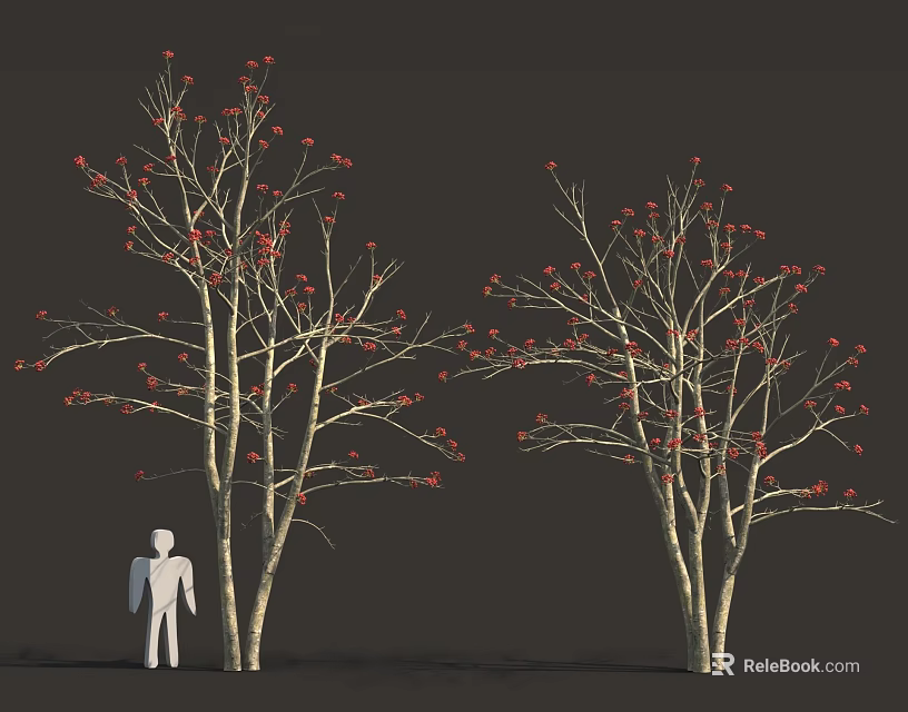 Two Trees With Red Blossoms And White Human Figure On Dark Background 3d model 