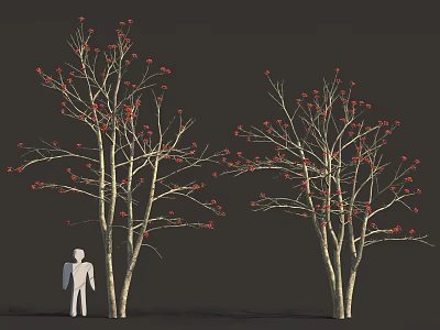 Two Trees With Red Blossoms And White Human Figure On Dark Background 3d model