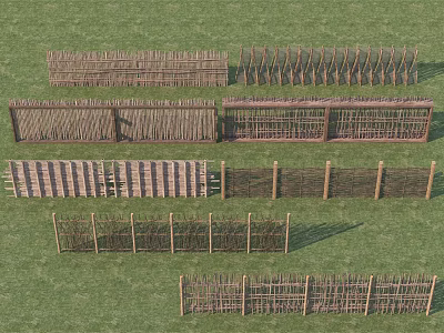 Various Styles of Outdoor Fences Including Wooden and Bamboo Woven Designs on Grass 3d model