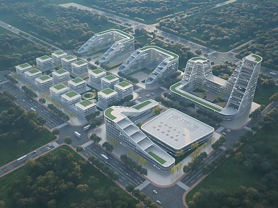 Aerial View Planning of Modern Urban Architectural Complex With Green Areas And Road Layouts 3d model
