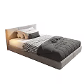 Modern Minimalist Single Bed With Light Headboard Mattress Pillows And Dark Gray Duvet Plaid Blanket