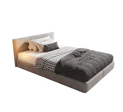 Modern Minimalist Single Bed With Light Headboard Mattress Pillows And Dark Gray Duvet Plaid Blanket 3d model