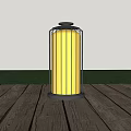 Outdoor Striped Design Lamp With Yellow Glowing Shade On Wooden Deck Under Blue Sky