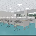 Spacious Bright Classroom With Blue Floor White Desks Lab Tables Large Screen Windows