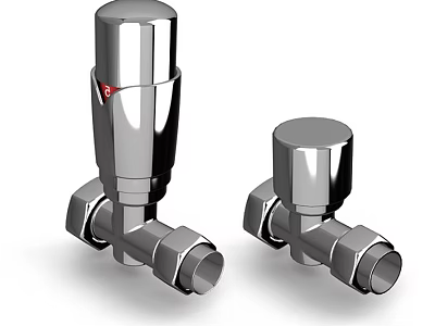 Two Modern Silver Polished Metal Water Taps With Knob Design 3d model