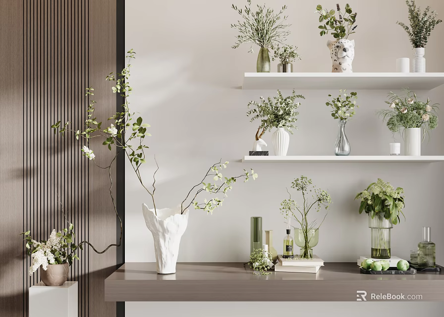 Stylish Vases With Fresh Flowers And Green Plants On Shelves And Table In Modern Interior 3d model 