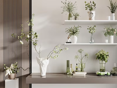 Stylish Vases With Fresh Flowers And Green Plants On Shelves And Table In Modern Interior 3d model