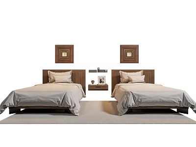 Two Single Beds With Framed Wall Art Above Nightstand Soft Pillows And Neutral Bed Linens 3d model