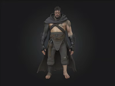 3D Muscular Fantasy Warrior Character With Cloak Arm Guards And Barefoot Design 3d model