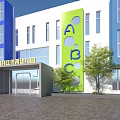 Modern Kindergarten Interior With Rainbow Arch Tree Decorations Green Walls And Open Space Reception Desk
