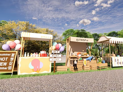 Outdoor Summer New Product Promotion Stalls With Colorful Balloons And Green Trees 3d model
