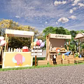 Outdoor Summer New Product Promotion Stalls With Colorful Balloons And Green Trees