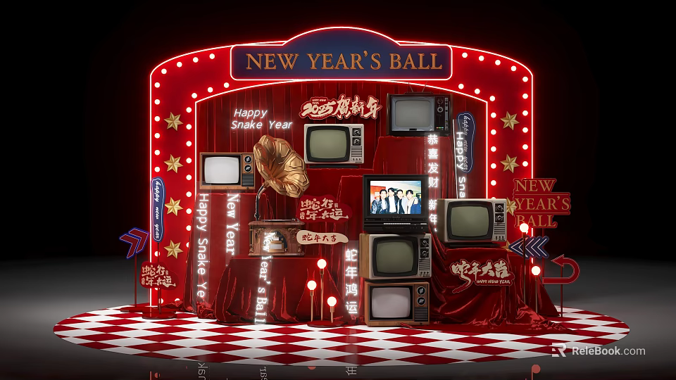 Festive New Year Photo Spot With Vintage TVs Gramophone Red Velvet And Checkered Floor 3d model 