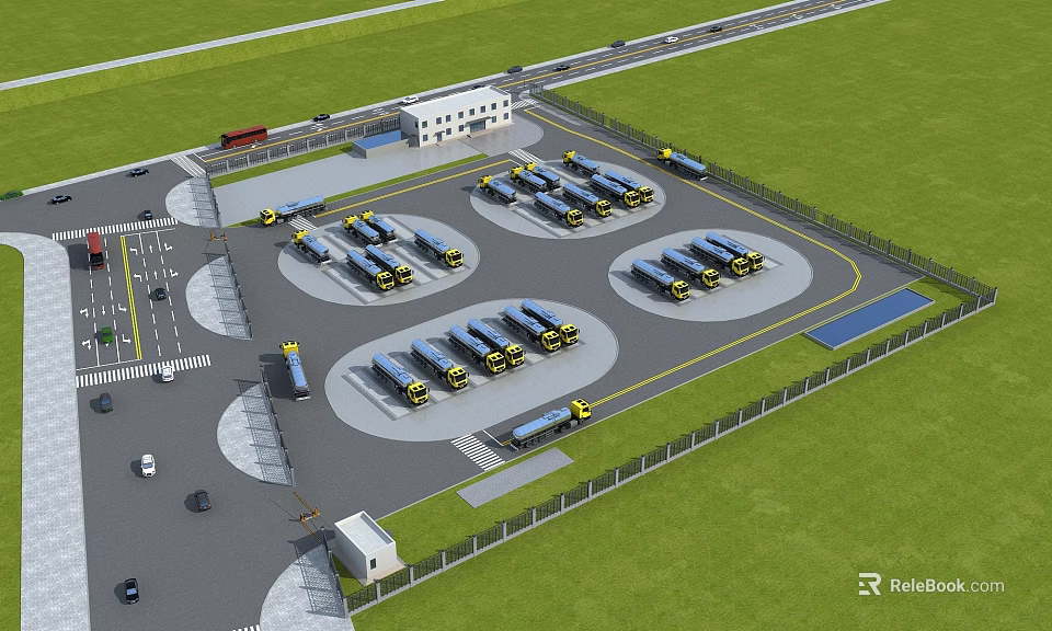 Large Scale Parking Lot With Circular Bays Multiple Vehicles Green Lawns And Fencing 3d model 