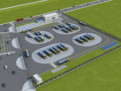 Large Scale Parking Lot With Circular Bays Multiple Vehicles Green Lawns And Fencing 3d model