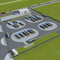 Large Scale Parking Lot With Circular Bays Multiple Vehicles Green Lawns And Fencing
