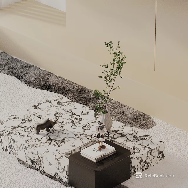 Patterned Sofa Coffee Table Set With Green Plant Vase Small Rhino Figurine And Decor Books 3d model 
