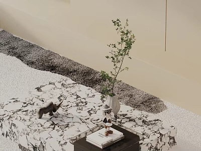 Patterned Sofa Coffee Table Set With Green Plant Vase Small Rhino Figurine And Decor Books 3d model
