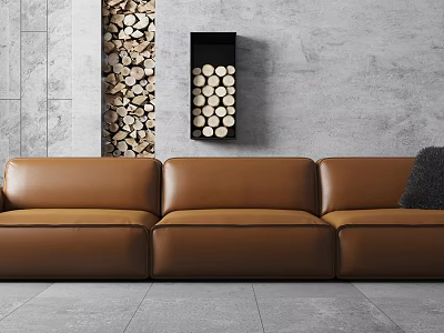 Brown Leather Three Seater Sofa with Black Cushion against Gray Concrete Wall and Wood Logs 3d model
