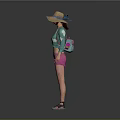 Woman Wearing Straw Hat Turquoise Top White Sleeves Pink Shorts And Sandals