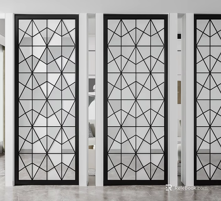 Modern Glass Panel Room Dividers With Black Frames And Geometric Patterns 3d model
