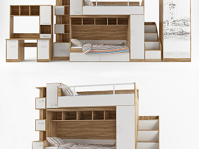 Modern upper and lower bed plate type children's bed wardrobe desk and chair combination model