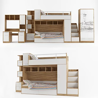 Modern upper and lower bed plate type children's bed wardrobe desk and chair combination 3d model