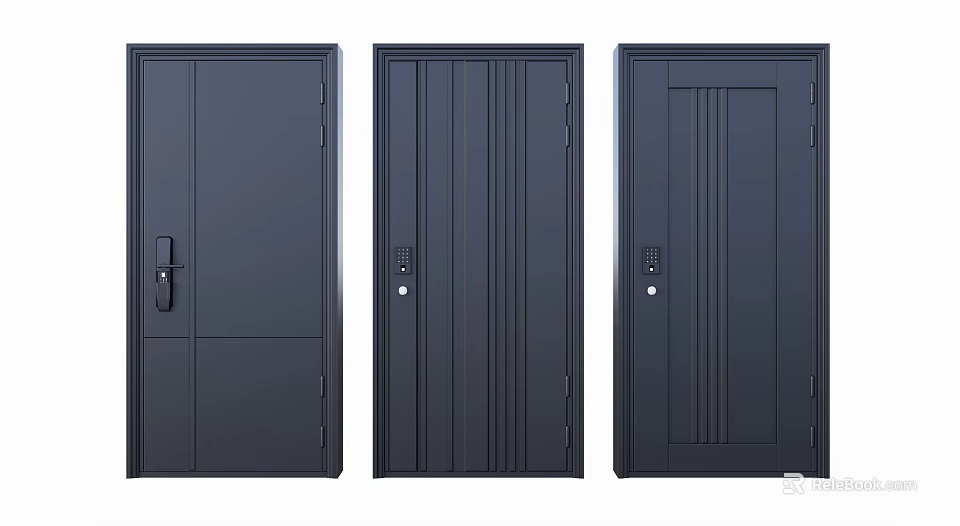 Modern Black Security Doors with Different Panel Patterns and Lock Handles 3d model