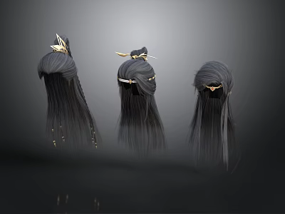 Elegant Long Black Hair Wigs With Three Styles Golden Ornaments For Daily Use 3d model