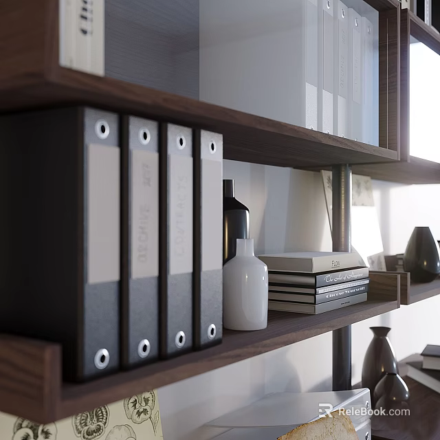 Minimalist Modern Bookshelf With Black Folders Stacked Books And White Bottle 3d model 