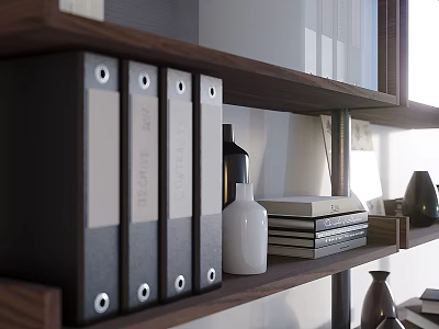 Minimalist Modern Bookshelf With Black Folders Stacked Books And White Bottle 3d model