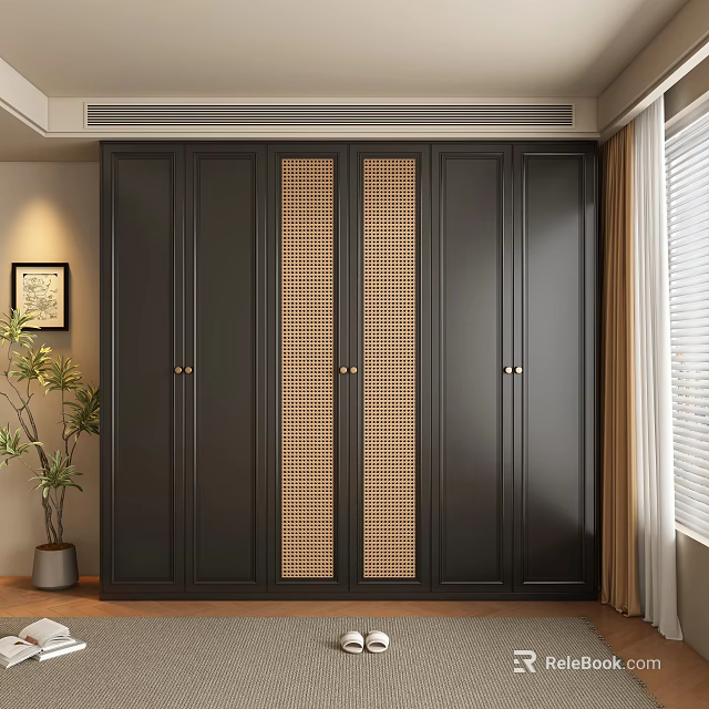 Modern Dark Wooden Wardrobe With Grille Panel Design And Sliding Doors For Bedroom Storage 3d model 