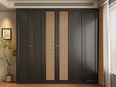 Modern Dark Wooden Wardrobe With Grille Panel Design And Sliding Doors For Bedroom Storage 3d model