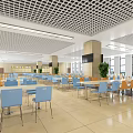 Spacious Dining Hall Interior With Blue Orange Chairs Grid Ceiling And Large Windows 3d model