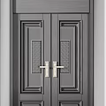 Contemporary Gray Double Doors With Sleek Metal Handles And Panel Design For Home Entrance