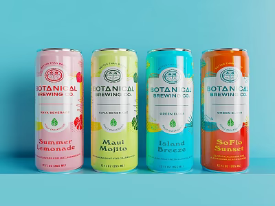 Botanical Brewing Co Colorful Canned Drinks With Various Flavors On Light Blue Background 3d model